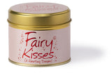 Lily-Flame Fairy Kisses scented tin candle with floral and fairy imagery on the label, ideal for home decor and aromatic ambiance.