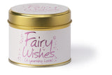 Lily-Flame Fairy Wishes scented tin candle with floral design and soft glow, perfect for creating a calming ambiance.