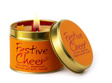 Lily-Flame Festive Cheer scented tin candle with holiday-themed label and metal tin container, ideal for festive home decor.