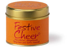 Lily-Flame Festive Cheer scented tin candle with a festive design, perfect for adding warm holiday ambiance.