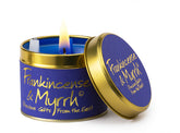 Lily-Flame scented candle in a tin with frankincense and myrrh fragrance, decorated with a detailed label and vintage style design.