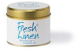 Lily-Flame Fresh Linen scented candle in a tin with a white label and floral design, ready for home fragrance.