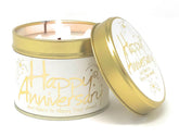 Lily-Flame Happy Anniversary scented tin candle with floral design and warm candlelight.