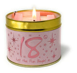 Lily-Flame Happy Birthday 18th scented tin candle with colorful birthday-themed design and floral accents.