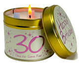 Lily-Flame Happy Birthday 30th scented tin candle with colorful birthday-themed design, perfect for celebrating milestones.