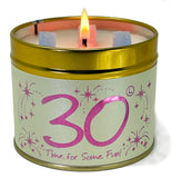 Lily-Flame Happy Birthday 30th scented tin candle with decorative label, perfect for celebrating milestone birthdays.