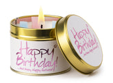Lily-Flame Happy Birthday scented tin candle with colorful birthday cake and candles design, perfect for celebrating special occasions.
