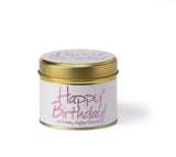 Lily-Flame Happy Birthday scented tin candle with colorful birthday cake design and floral accents.