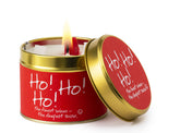 Lily-Flame Ho Ho Ho scented tin candle with festive red and white design, ideal for holiday home decor and cozy ambiance.