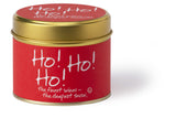 Lily-Flame Ho Ho Ho scented tin candle with festive red and white design, ideal for holiday decor and cozy ambiance.