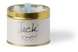 Lily-Flame Jack Frost scented tin candle with festive winter design, ideal for cozy home decor and aromatic ambiance.