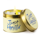 Lily-Flame Just Vanilla scented tin candle with a decorative label, perfect for creating a cozy ambiance.
