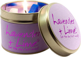 Lily-Flame lavender and lime scented tin candle with a decorative label and silver lid, perfect for relaxing aromatherapy.