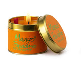 Lily-Flame Mango Fandango scented tin candle with bright mango and tropical fruit design on the lid.