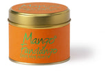 Lily-Flame Mango Fandango scented tin candle with a vibrant floral design and tropical mango fragrance in a decorative metal tin.