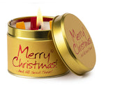Lily-Flame Merry Christmas scented tin candle with festive holiday design and logo on a metal container.