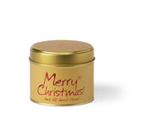 Lily-Flame Merry Christmas scented tin candle with festive holiday design and warm flickering flame.