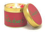 Lily-Flame Rhubarb scented tin candle with a decorative label, designed for home fragrance and ambiance.