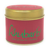Lily-Flame Rhubarb Scented Tin Candle with a decorative label and gold lid, perfect for home fragrance.