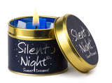 Lily-Flame Silent Night scented tin candle with festive holiday design and warm glow, perfect for cozy ambiance.