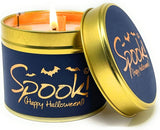 Lily-Flame Spook! Happy Halloween scented tin candle with spooky Halloween design and warm candlelight.