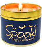Lily-Flame Spook! Happy Halloween scented tin candle with Halloween-themed design, perfect for festive home decor and ambiance.