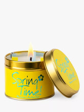 Lily-Flame Spring Time scented tin candle with floral design, showcasing the candle inside the decorative metal tin.