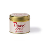 Lily-Flame Thank You scented tin candle with a floral design, perfect for gifting and creating a warm, fragrant atmosphere.