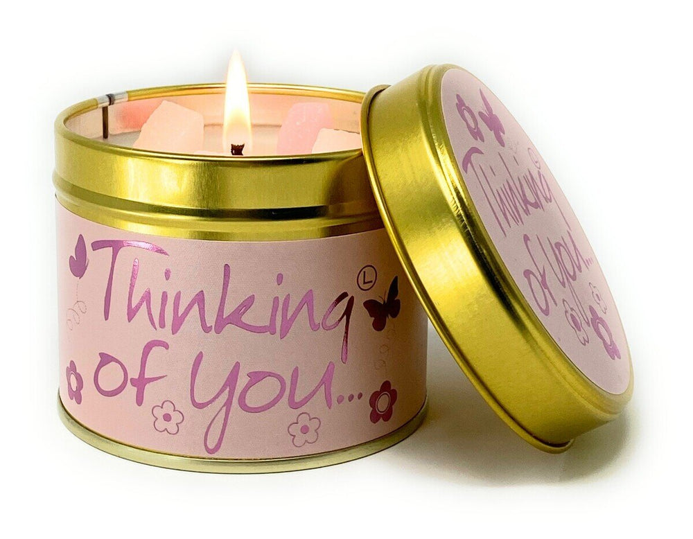 Lily-Flame Thinking of You scented tin candle with floral label and silver lid, perfect for gifting or home decor.