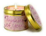 Lily-Flame Thinking of You scented tin candle with floral label and silver lid, perfect for gifting or home decor.