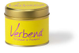 Lily-Flame Verbena Scented Tin Candle with a decorative label, designed for a fresh, floral aroma and cozy ambiance.