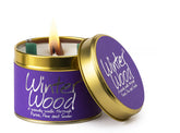 Lily-Flame Winter Wood scented tin candle with a winter-themed design, perfect for cozy home ambiance.
