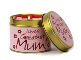 Lily-Flame World's Greatest Mum scented tin candle with a decorative label and lid, perfect for gifting or home decor.
