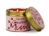 Lily-Flame World's Greatest Mum scented tin candle with a decorative label and lid, perfect for gifting or home decor.
