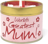 Lily-Flame World's Greatest Mum scented tin candle with floral design and warm candle flame in a compact metal container