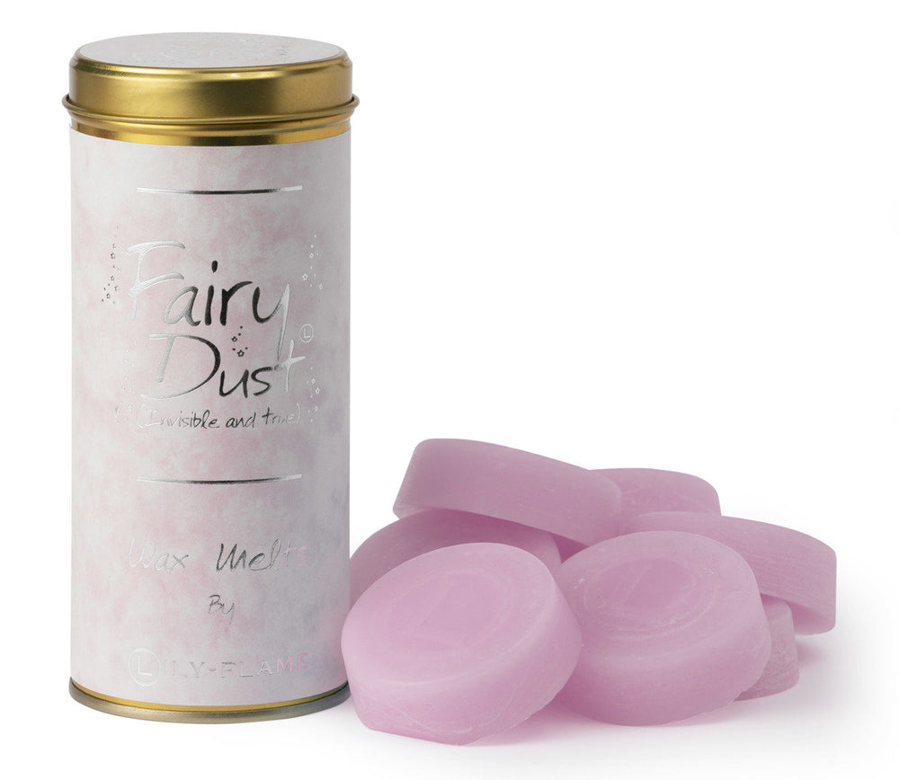 Lily-Flame Fairy Dust Wax Melts in a jar, scented wax melts with a whimsical fairy dust theme, for home fragrance.