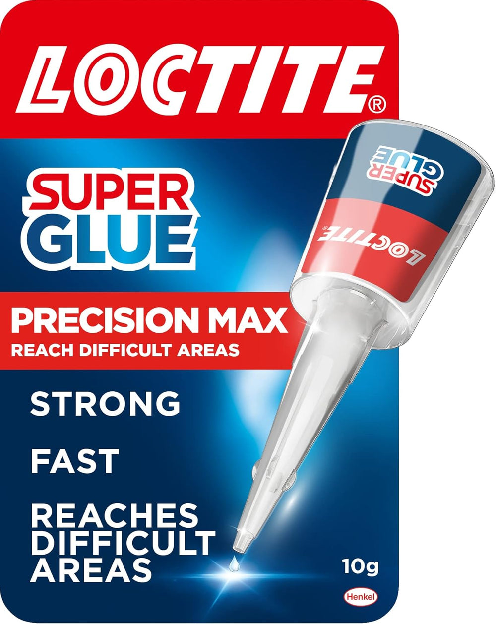 Loctite Super Glue Precision Max 10g bottle, a fast-drying adhesive for repairs and bonding various materials.