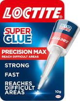 Loctite Super Glue Precision Max 10g bottle, a fast-drying adhesive for repairs and bonding various materials.