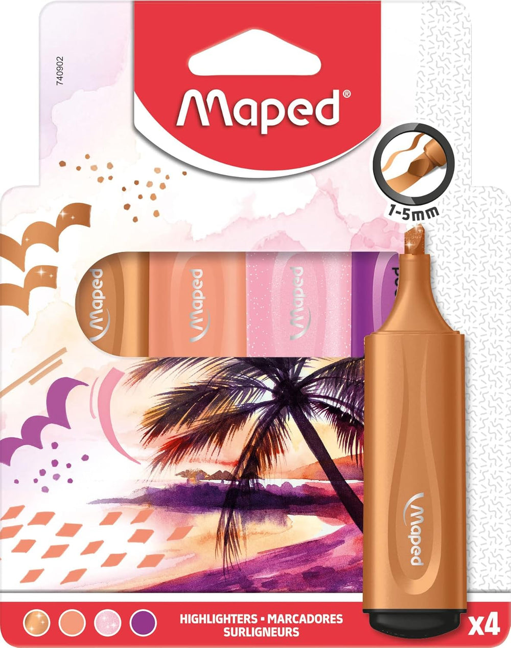 Set of four Maped themed highlighters in assorted colors, featuring vibrant ink and ergonomic design for effective highlighting.