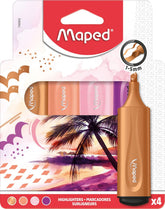 Set of four Maped themed highlighters in assorted colors, featuring vibrant ink and ergonomic design for effective highlighting.