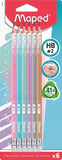 Maped Black'Peps glitter-tipped graphite pencils with erasers, showcasing their colorful, glittery accents and pencil tips.