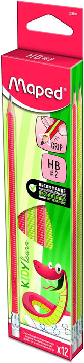 Set of 12 Maped Kidy Learn pencils with ergonomic grips, ideal for young students learning to write.