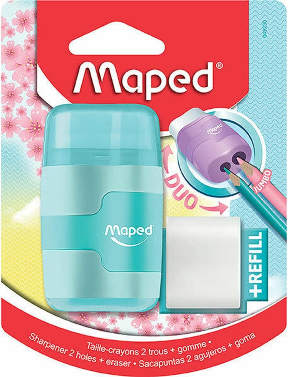 Maped Duo Connect Pastel Pencil Sharpener and Eraser with pastel-colored plastic body and dual-function design for pencils and erasing.