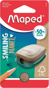 Maped Smiling Planet 1 Hole Pencil Sharpener, colorful plastic sharpener with smiling face design for pencils.