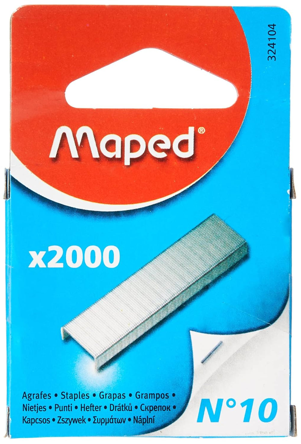 Maped No.10 staples arranged in a row, standard size for office and school use, with the Maped brand visible on the packaging