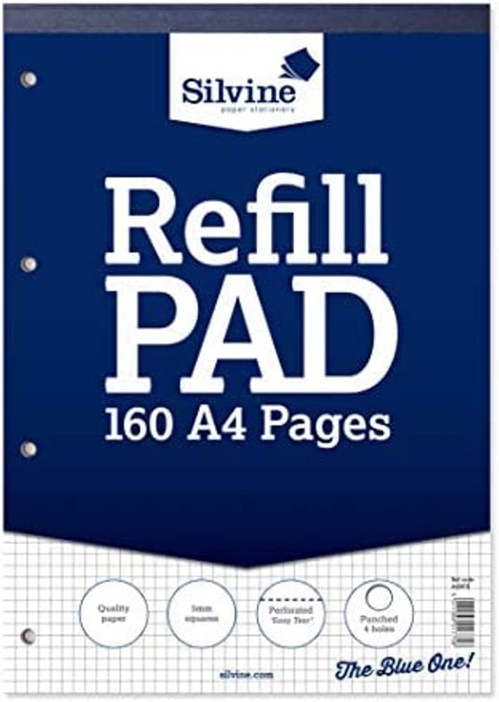 Silvine 160 Page A4 Refill Pad, Head Bound and Punched 4 Holes. Ruled 5mm Squares