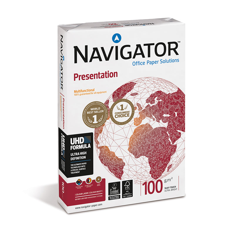 Navigator Presentation A4 copier paper, 100gsm, 500 sheets in a ream, ideal for printing and copying documents.