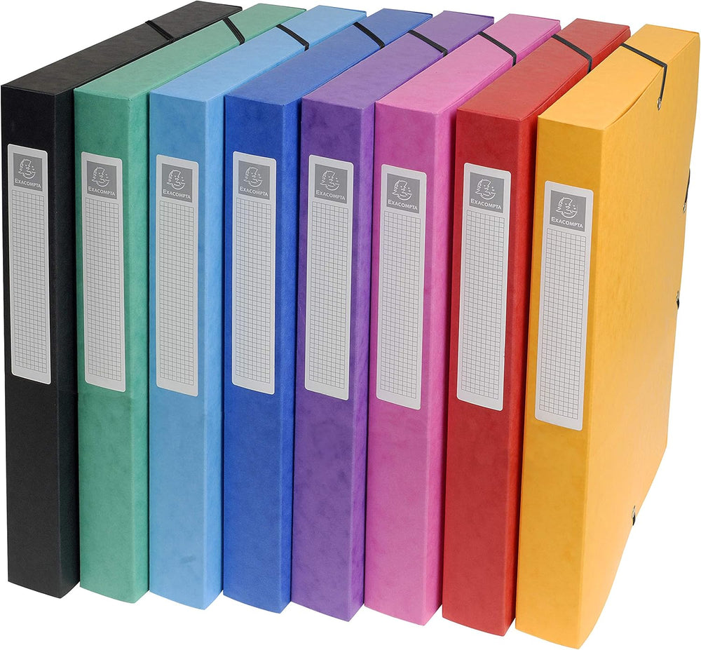 Exacompta - Ref 50300E - Elasticated Filing Archive Box - 270 x 340mm in Size, 25mm Spine, 600gsm Premium Pressboard, Elastic Closure - Assorted Colours (Pack of 8)