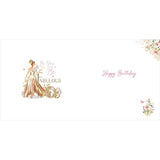 Birthday card featuring an illustration of a fabulous lady in a gold dress, by NQ, for celebrating special occasions.