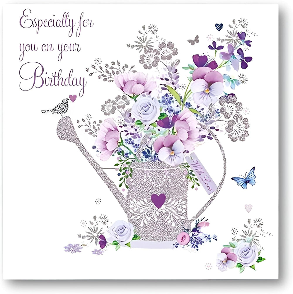 Female birthday card featuring a floral watering can design with foil details, eco-friendly and suitable for women and girls.